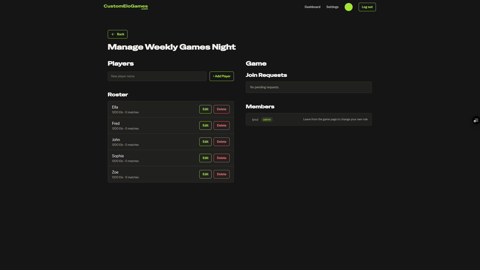The manage page for Weekly Games Night, with five players on the roster, each on 1200 Elo.