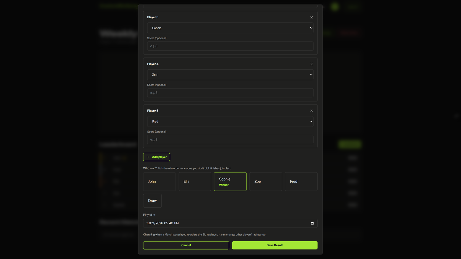 Logging a result: five players picked for the match, with Sophie chosen as the winner.